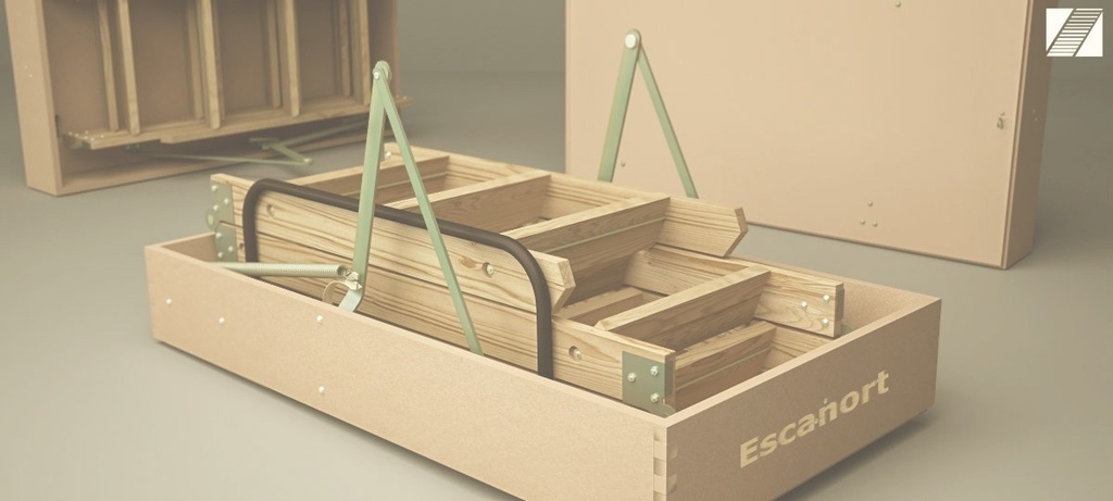 Escalera rebatible para altillos plegable en mader, con pasamanos