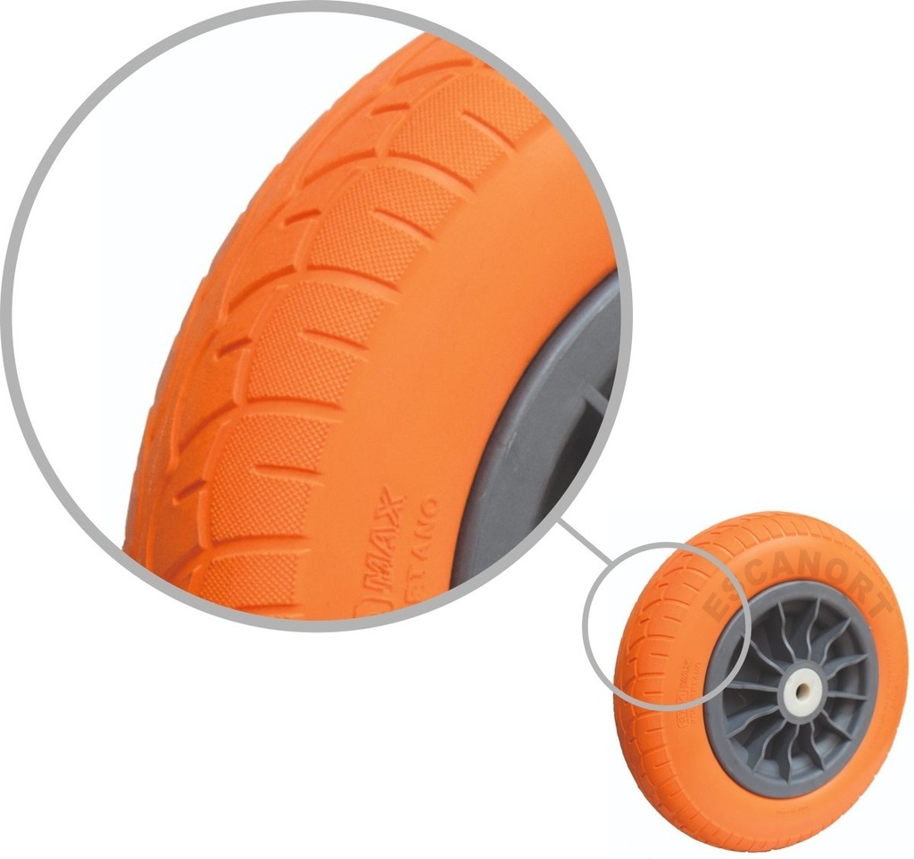 Rueda semi-neumática 375x80mm, plástica, buje 16 o 19mm, 120kg, naranja 
