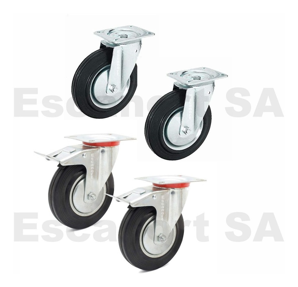 Ruedas chapa/goma 125 mm, dos giratorias y dos giratorias c/freno Pack4