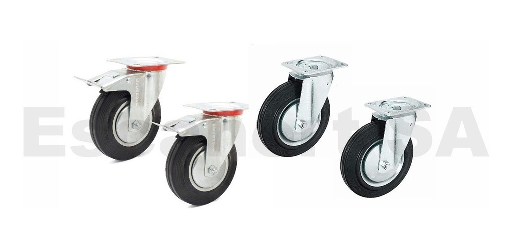 Ruedas chapa/goma 125 mm, dos giratorias y dos giratorias c/freno Pack4