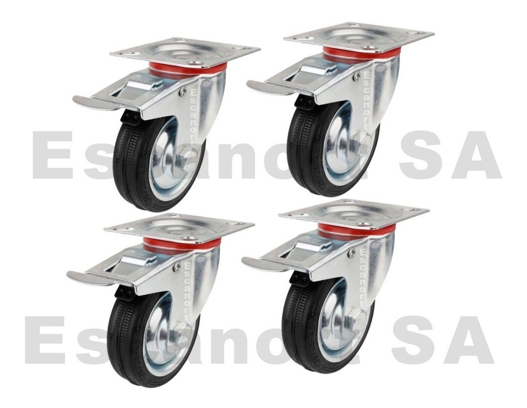 4 x Ruedas chapa/goma 100 mm giratorias c/freno Pack4