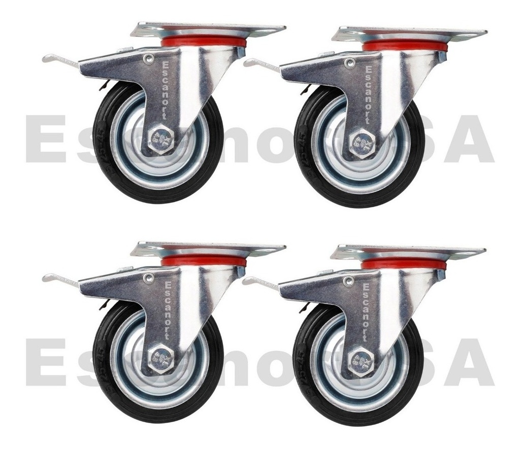 4 x Ruedas chapa/goma 100 mm giratorias c/freno Pack4
